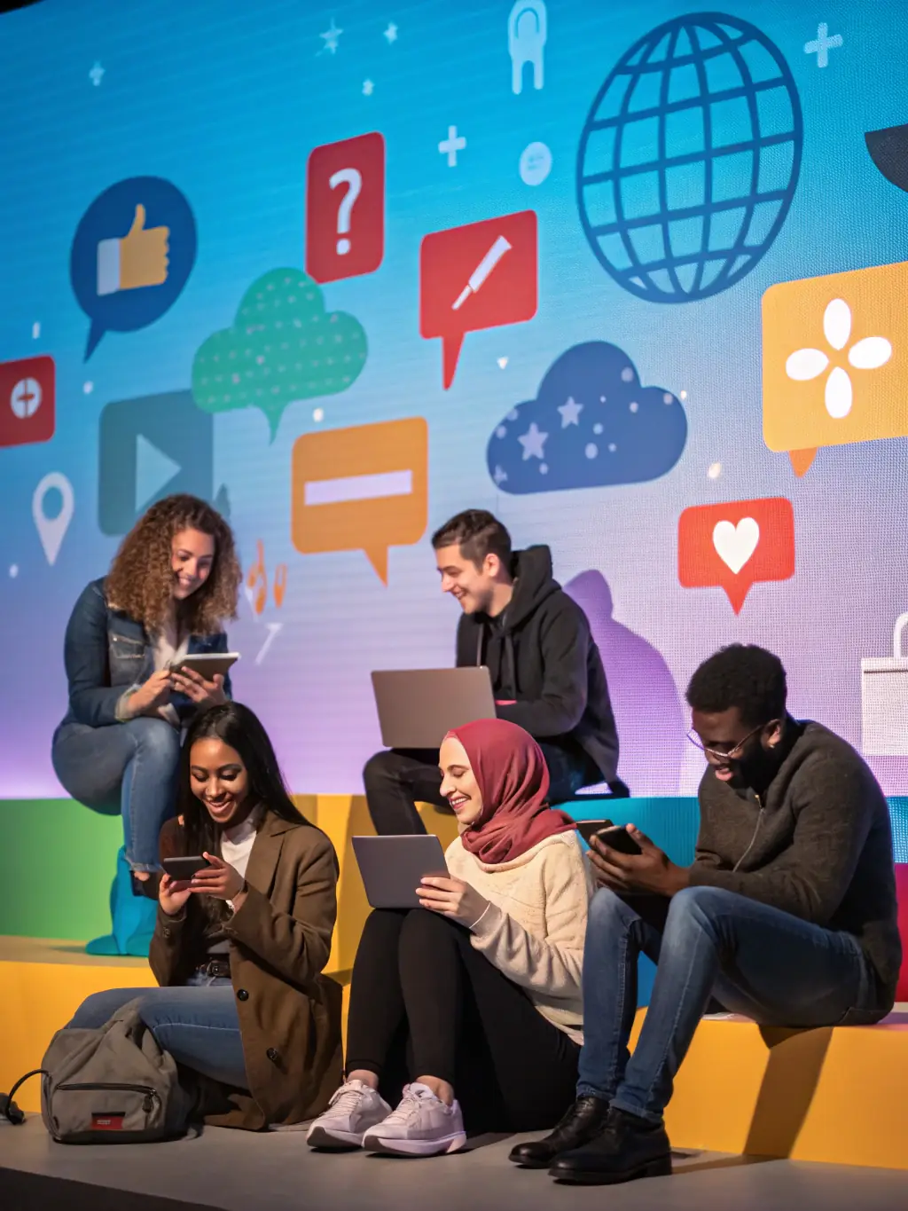 A vibrant image showcasing a diverse group of people from different cultural backgrounds interacting positively within the Xiao Lan Video platform, highlighting the multicultural aspect of the community.